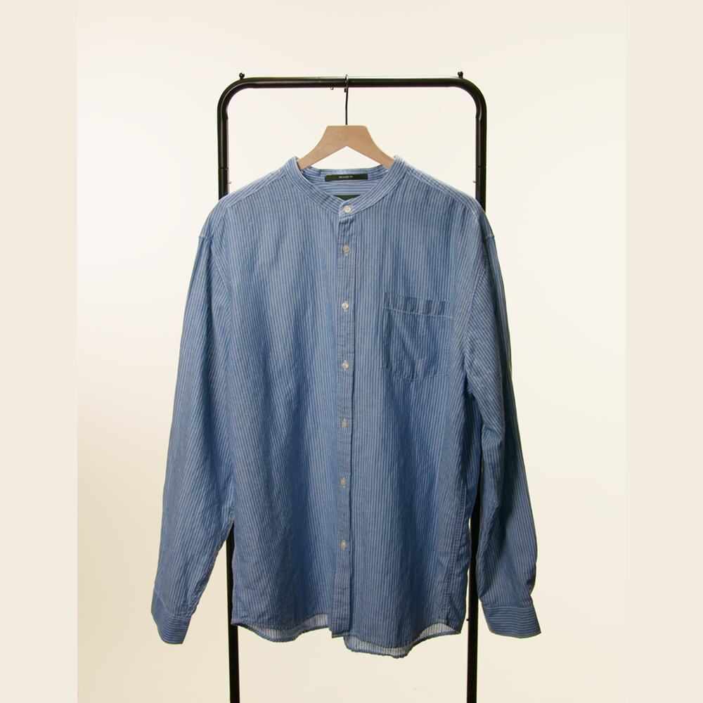 Eddie Bauer Men’s XL Blue White Striped Band Collar Button Up Shirt Relaxed Fit